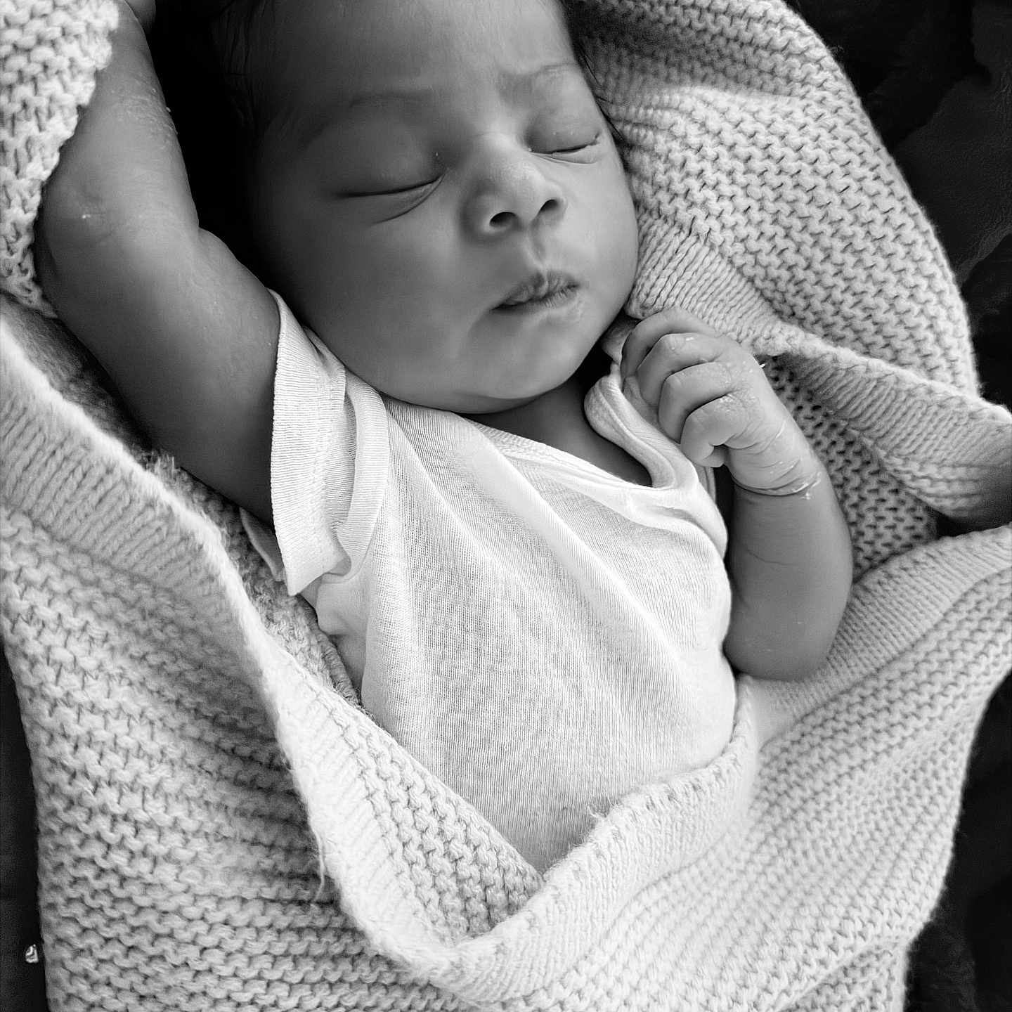 Edyn is registered to the contest to win money with this photo: baby, blanket, child, closeup, cocoon, cozy, cute, face, hands, infant, knitted, monochrome, newborn, peaceful, portrait, resting, sleeping, soft_texture, white_clothing, wrapped