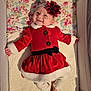 Tessa a rejoint le concours — aidez-le/la à gagner de superbes lots ! baby, infant, smile, headband, flower, red_dress, white_fur_trim, floral_blanket, blanket, crib, lying_down, chubby_cheeks, happy, rosy_cheeks, legs, feet, long_sleeves, button, black_belt, velvet