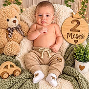Dylan is registered to the contest to win money with this photo: baby, infant, child, portrait, sitting, teddy_bear, stuffed_animal, blanket, cozy, wooden_sign, number_two, toy_car, plant, potted_plant, fairy_lights, socks, pants, smiling, nursery, indoors