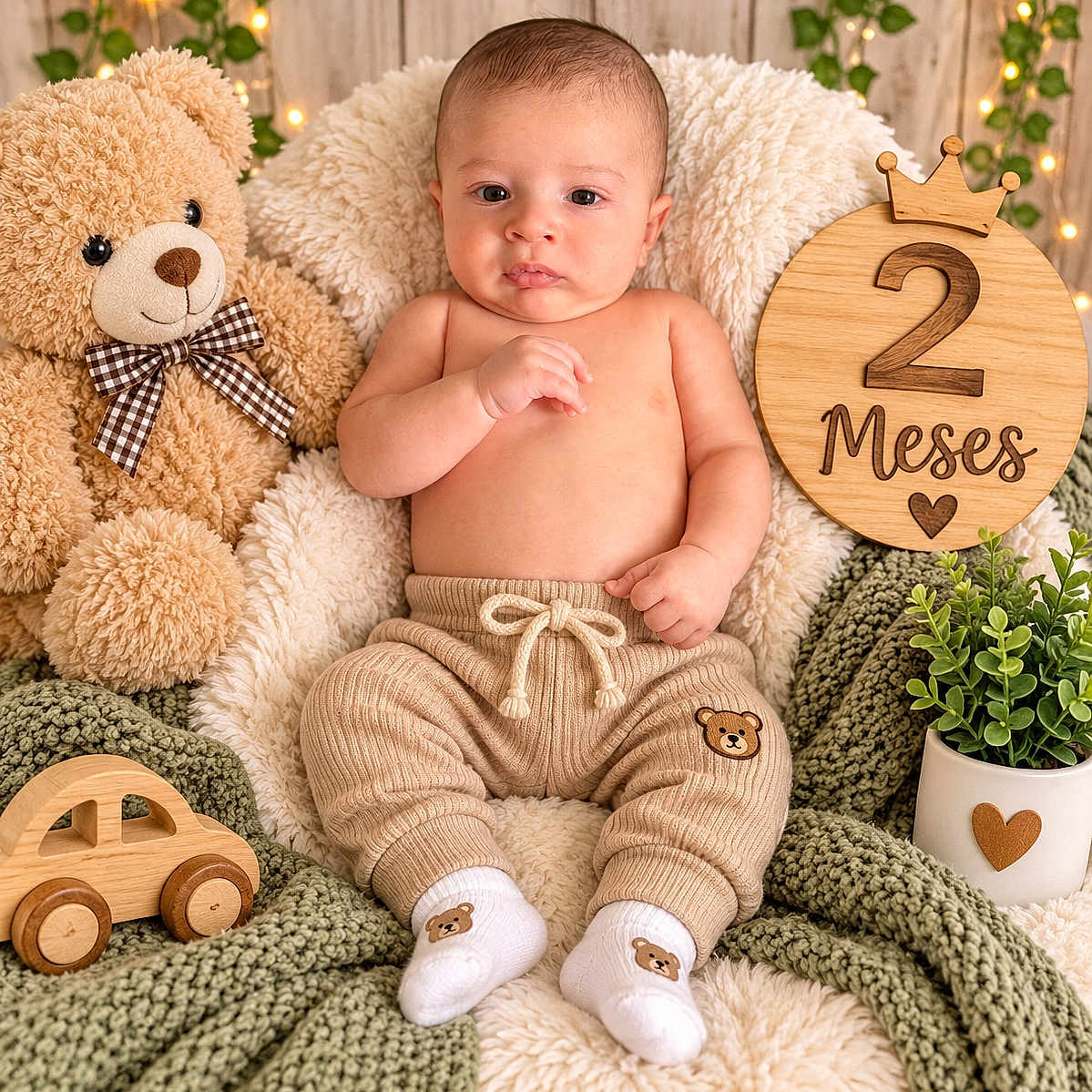 Dylan is registered to the contest to win money with this photo: baby, infant, child, portrait, sitting, teddy_bear, stuffed_animal, blanket, cozy, wooden_sign, number_two, toy_car, plant, potted_plant, fairy_lights, socks, pants, smiling, nursery, indoors