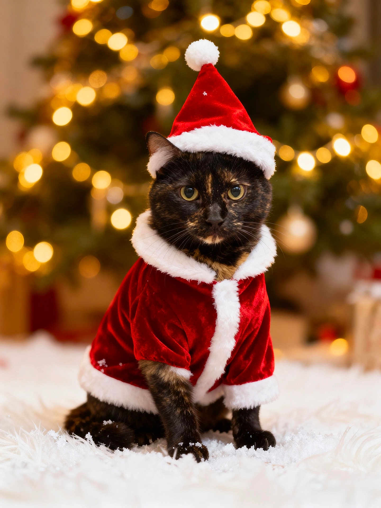 Ninja joined the competition — help win amazing prizes! cat, tortoiseshell_cat, christmas, holiday, santa_hat, santa_suit, festive, red_clothing, white_fur_trim, fluffy_surface, indoor, decorations, bokeh_lights, pet, animal, cute, seasonal, winter, celebration, cozy
