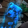 Ghost is registered to the contest to win money with this photo: animal, blanket, blue_light, canine, coat, collar, dog, domestic, drawer, fan, floor, flooring, furniture, glowing_effect, household, indoor, magical, pet, room, sitting