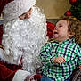 beard, child, christmas_tree, crying, curly_hair, festive, holiday, indoor, jeans, knitted_gloves, ornament, person, plaid_shirt, portrait, red_costume, santa_claus, santa_hat, sitting, surprised_expression, toddler