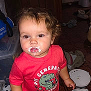Frankie joined the competition — help win amazing prizes! bare_feet, brown_eyes, child, curly_hair, dinosaur_graphic, expression, flash_photography, floor_tiles, indoors, messy_room, milk_on_face, paper_towel, plastic_container, portrait, red_tshirt, snack_time, standing, toddler, toy_panda, wooden_cabinet