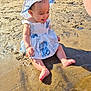 barefoot, beach, child, cute, dress, elephant_print, fun, happy, hat, nature, outdoor, person, playful, sand, smiling, summer, sunhat, sunlight, toddler, water