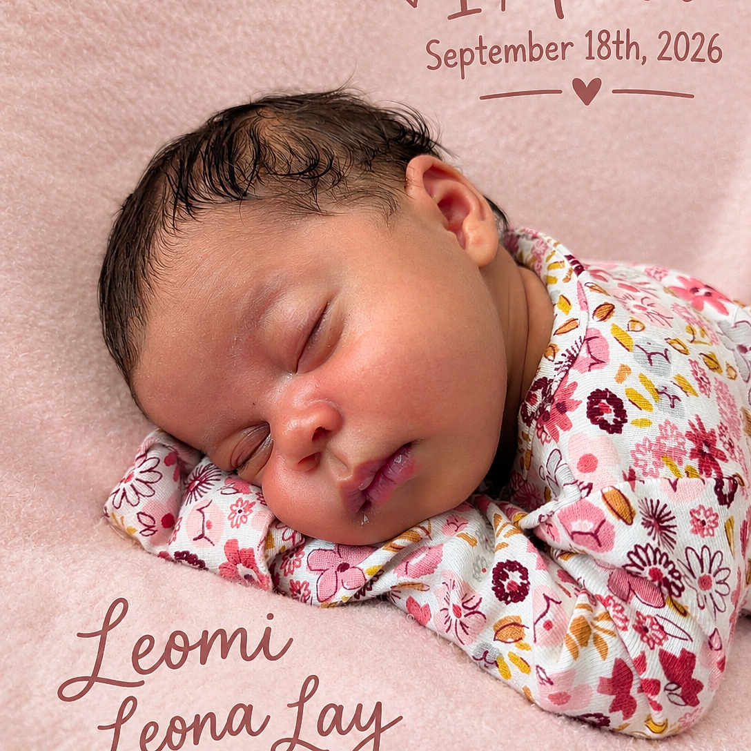 Leomi joined the competition — help win amazing prizes! baby, birth_announcement, cheeks, closeup, eyes_closed, face, floral_outfit, hair, indoor, infant, mouth, newborn, nose, one_month, peaceful, pink_blanket, portrait, sleeping, soft_blanket, text_overlay