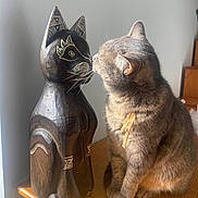 Zara participe au concours pour gagner de l'argent avec cette photo : animal, carving, cat, closeup, curious, decor, face, feline, fur, indoor, interaction, ornament, pet, sitting, sunlight, tabby_cat, table, whiskers, wood, wooden_statue