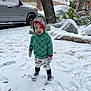 child, snow, winter_clothing, hoodie, gloves, hat, footprints, snowy_driveway, car, house, tree, outdoor, cold_weather, smiling, playful, pants, sneakers, green_hoodie, colorful_hat, snow_covered