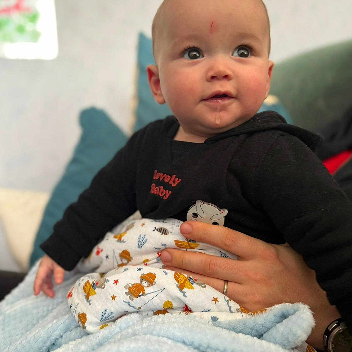 Louis a rejoint le concours — aidez-le/la à gagner de superbes lots ! baby, black_clothing, blanket, child, clothing, curious, cute, drool, expression, fabric, face, hand, holding, indoor, infant, patterned_blanket, person, seated, soft, watch