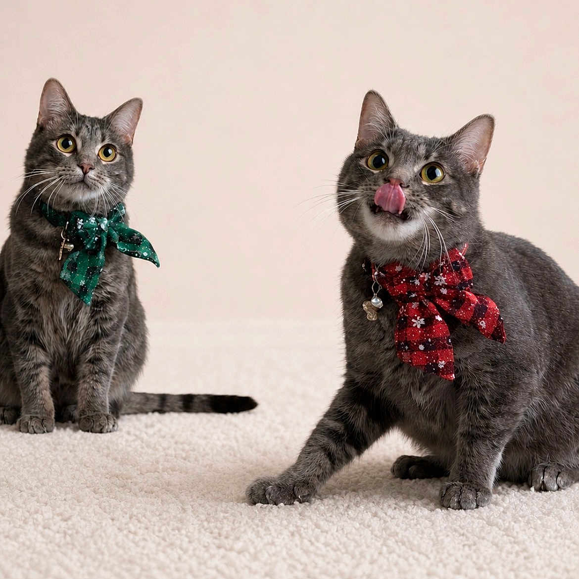 Jellybean Jasper joined the competition — help win amazing prizes! cat, tabby_cat, gray_cat, pet, animal, indoor, carpet, scarf, festive, cute, playful, tongue_out, sitting, two_animals, domestic_cat, whiskers, ears, eyes, floor, adorable