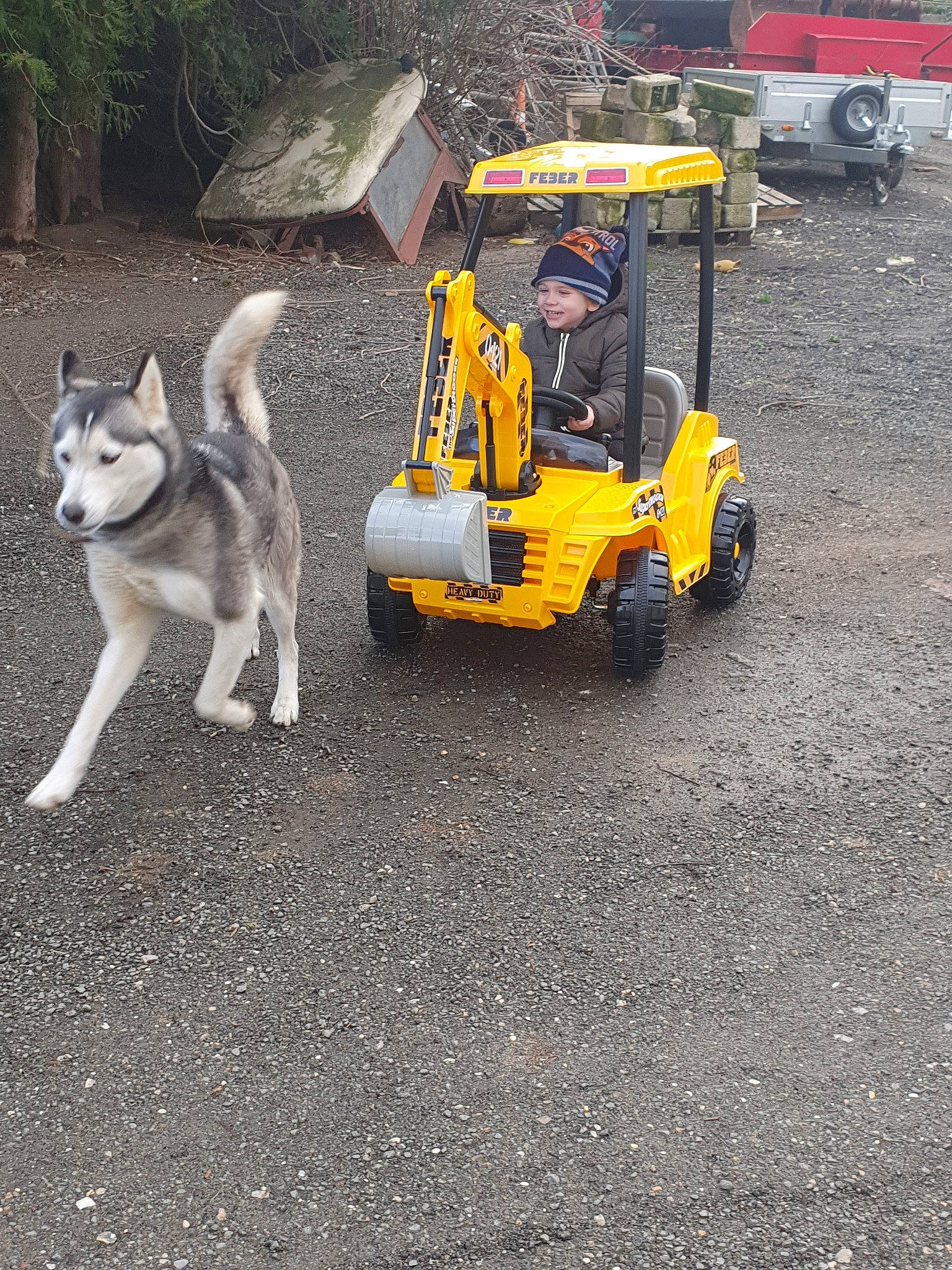 Alban a rejoint le concours — aidez-le/la à gagner de superbes lots ! asphalt, automotive_wheel_system, canidae, car, carnivore, dog, headwear, joy, person, road_surface, siberian_husky, sled_dog, subcompact_car, vehicle, wheel, yellow