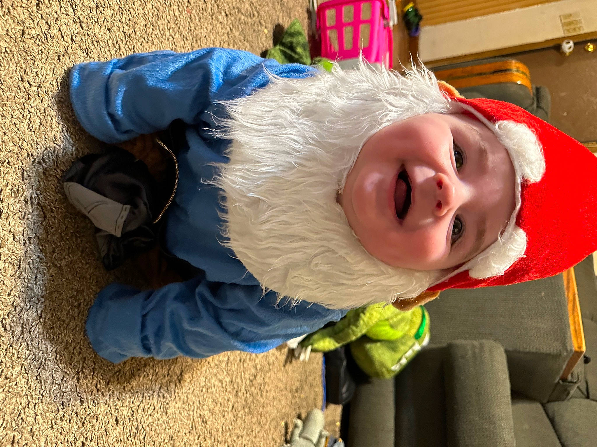 Everett is registered to the contest to win money with this photo: baby, baby_laughing, baby_toddler_clothing, child, costume, electric_blue, event, fun, grass, happy, headwear, laugh, person, smile, toddler