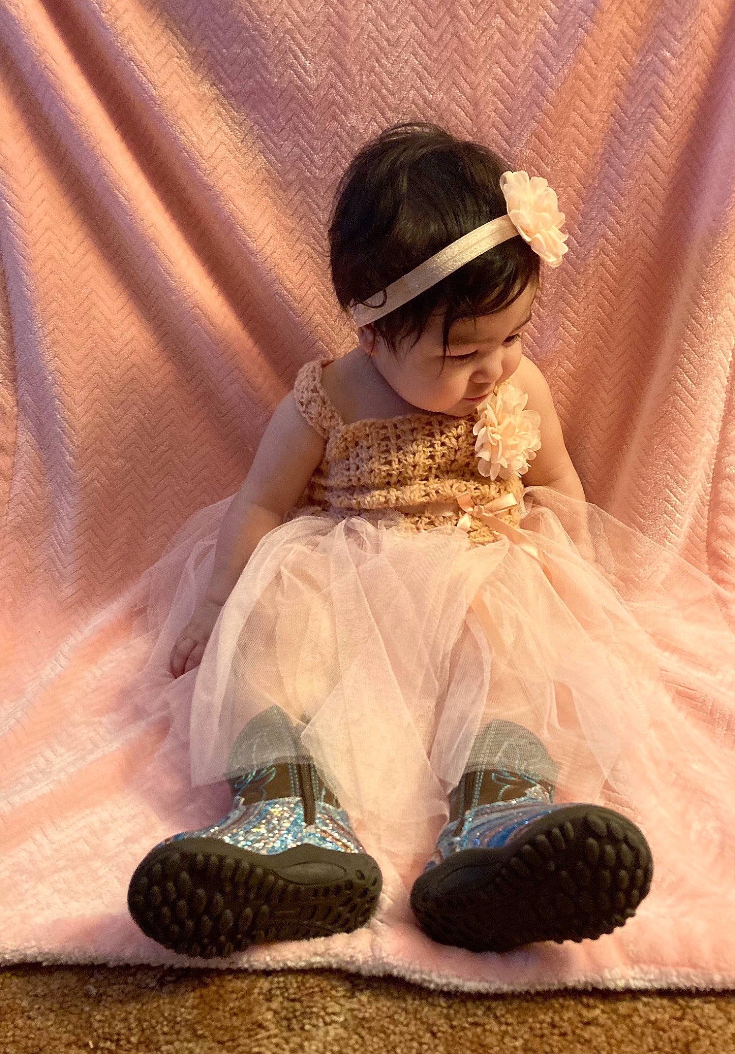 Clarissa joined the competition — help win amazing prizes! baby_toddler_clothing, bridal_accessory, child, dress, embellishment, eyewear, fashion_accessory, fashion_design, flash_photography, foot, fun, happy, headpiece, human_leg, peach, person, portrait_photography, sitting, textile, toddler