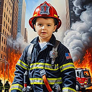 Dannylee is registered to the contest to win money with this photo: badge, buildings, child, city, emergency, fire, fire_helmet, fire_scene, fire_truck, firefighter, firefighters, flames, gloves, helmet, protective_gear, smoke, street, uniform, urban, young_child