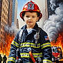 badge, buildings, child, city, emergency, fire, fire_helmet, fire_scene, fire_truck, firefighter, firefighters, flames, gloves, helmet, protective_gear, smoke, street, uniform, urban, young_child