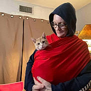 Stanley joined the competition — help win amazing prizes! casual_clothing, cat, comfort, cozy, curtains, face, feline, glasses, hand, holding, home, hoodie, indoor, lamp, person, pet, red_cloth, relaxed, smile, warm_light