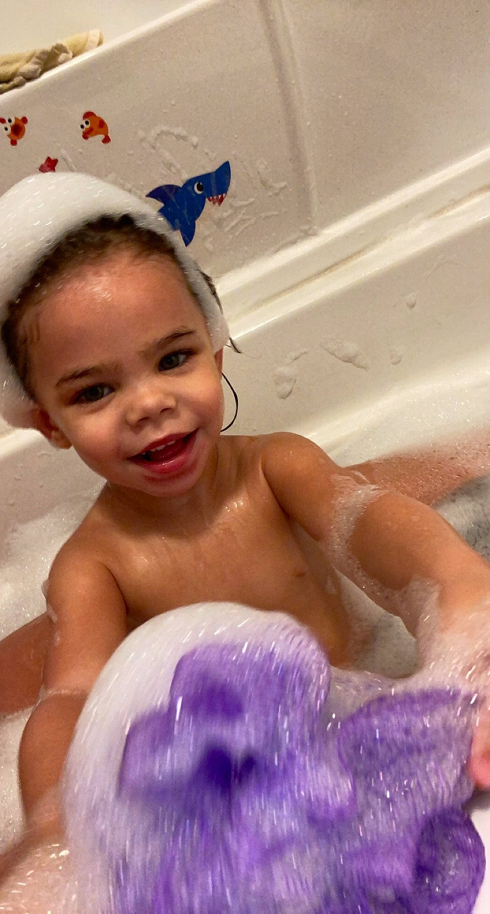 Lydia joined the competition — help win amazing prizes! baby_bathing, bathing, bathroom, bathtub, cheek, chest, child, eye, fun, happy, jaw, joy, mouth, muscle, person, pink, plumbing_fixture, purple, skin, smile