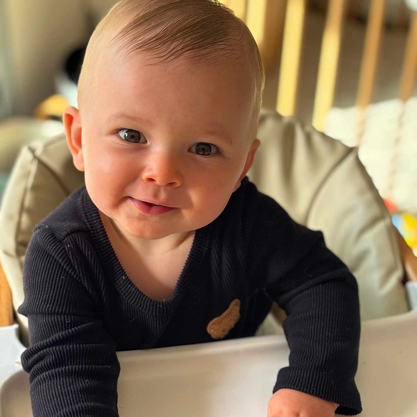 Maël a rejoint le concours — aidez-le/la à gagner de superbes lots ! baby, black_sweater, child, closeup, cute, expression, face, furniture, hand, happy, high_chair, indoor, infant, light, person, portrait, seat, skin, smiling, young_child
