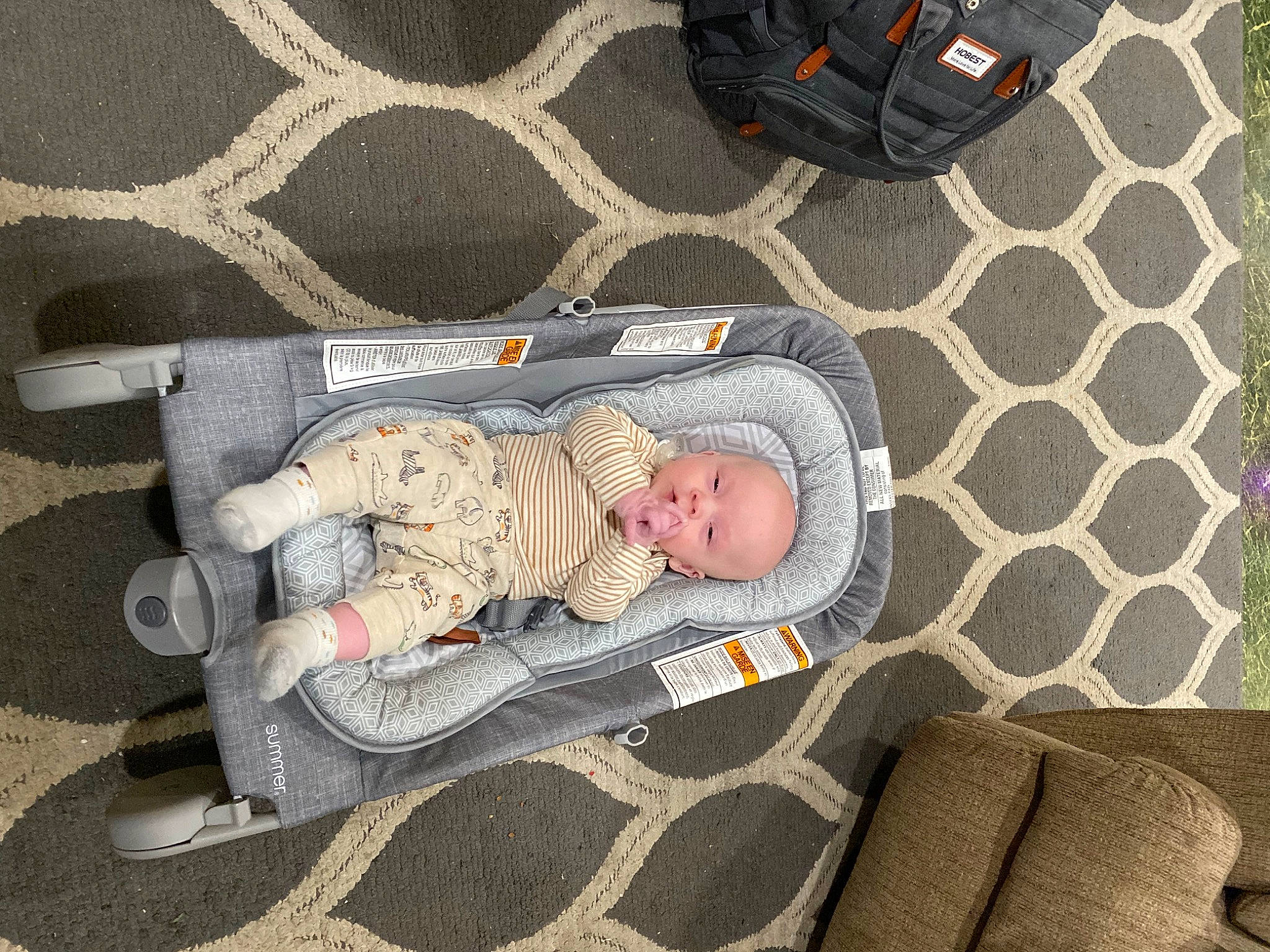 Ricky is registered to the contest to win money with this photo: baby, baby_carriage, baby_products, baby_safety, baby_toddler_clothing, bag, black, child, comfort, couch, flooring, lap, linens, luggage_and_bags, mesh, pattern, person, product, sitting, toddler