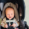 Stetson is registered to the contest to win money with this photo: baby, child, infant, smiling, happy, portrait, stroller, car_seat, harness, safety_buckle, indoors, seated, baby_clothing, patterned_outfit, red_cars, head_support, close_up, vehicle_seat, cozy, photography