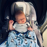 Stetson is registered to the contest to win money with this photo: newborn, baby, infant, sleeping, car_seat, car, blanket, patterned_blanket, bears, child, face, hands, outdoor, travel,  안전, harness, seated, portrait, cozy, family