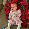 baby, infant, child, pink_dress, cat_design, blanket, red_plaid, couch, pacifier, white_tights, sitting, indoors, portrait, cute, cozy, comfort, young_child, smiling, face, clothing