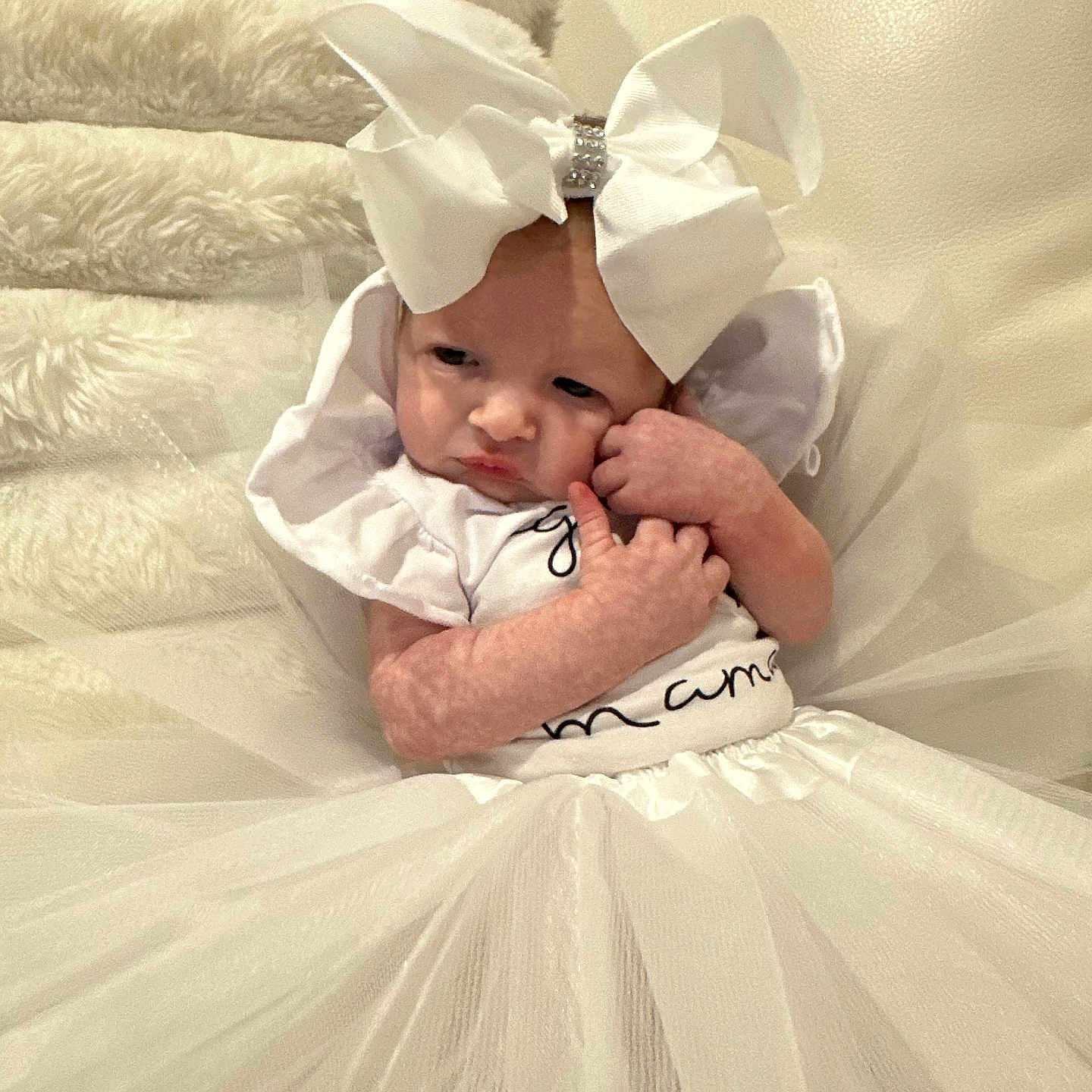 Ellalina is registered to the contest to win money with this photo: adorable, baby, child, clothing, cute, cute_expression, fabric, headwear, indoor, infant, newborn, person, portrait, sitting, small_hands, soft_texture, tulle, white_background, white_bow, white_dress