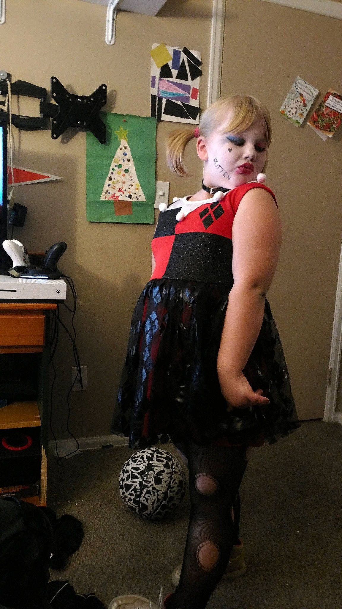 Kayley joined the competition — help win amazing prizes! clothing, costume, dress, pattern, person, polka_dot, room, tights
