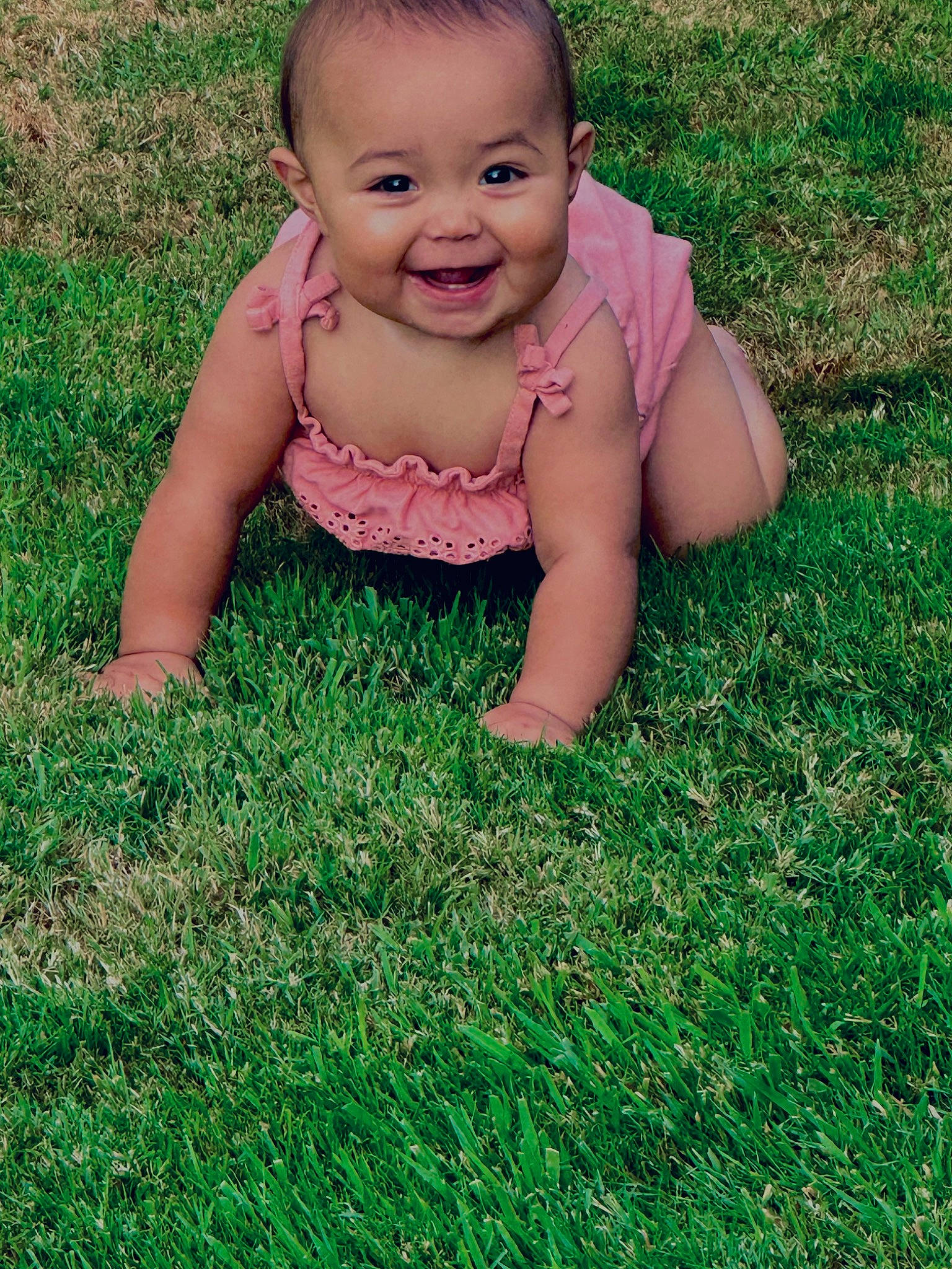 Reighlyn joined the competition — help win amazing prizes! baby, baby_toddler_clothing, crawling, dress, eye, flooring, fun, grass, grassland, green, happy, head, joy, meadow, nose, people_in_nature, person, plant, skin, smile
