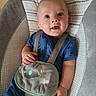 baby, child, infant, smiling, blue_clothing, bib, baby_seat, patterned, embroidery, elephant, rainbow, soft_texture, indoor, happy, face, hands, cute, portrait, seated, young