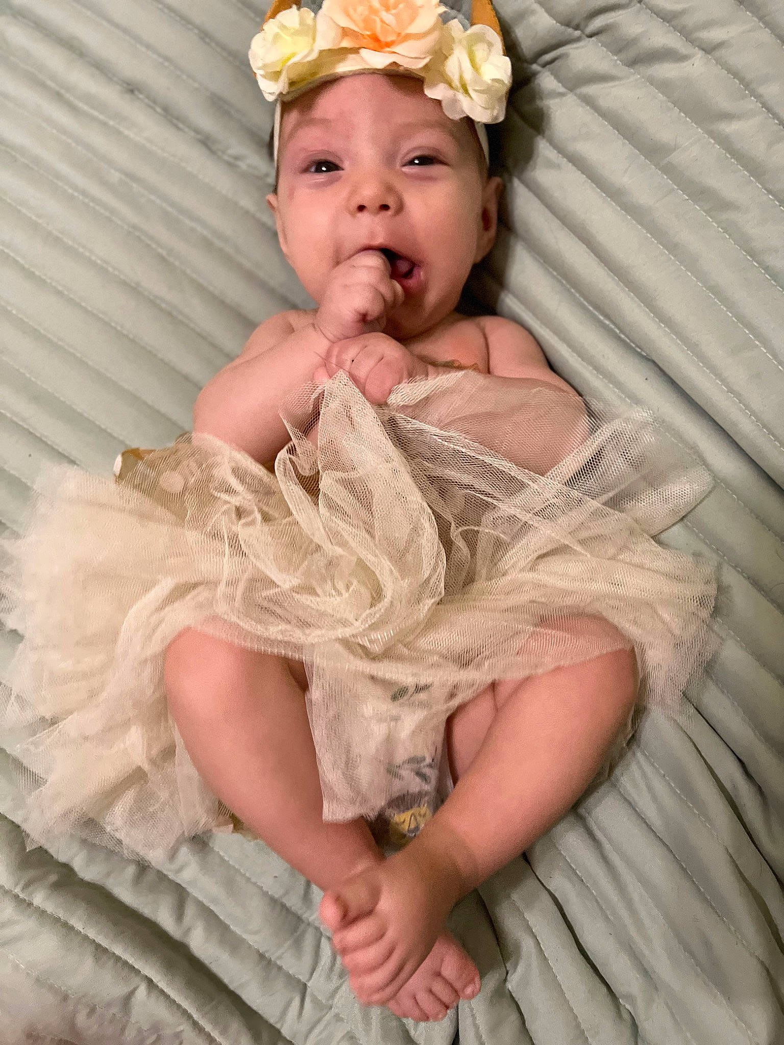 Amora is registered to the contest to win money with this photo: baby, baby_toddler_clothing, bridal_accessory, costume_hat, dress, embellishment, event, fashion_accessory, flash_photography, hair_accessory, hand, happy, headband, headpiece, headwear, iris, jewellery, person, pink, sitting