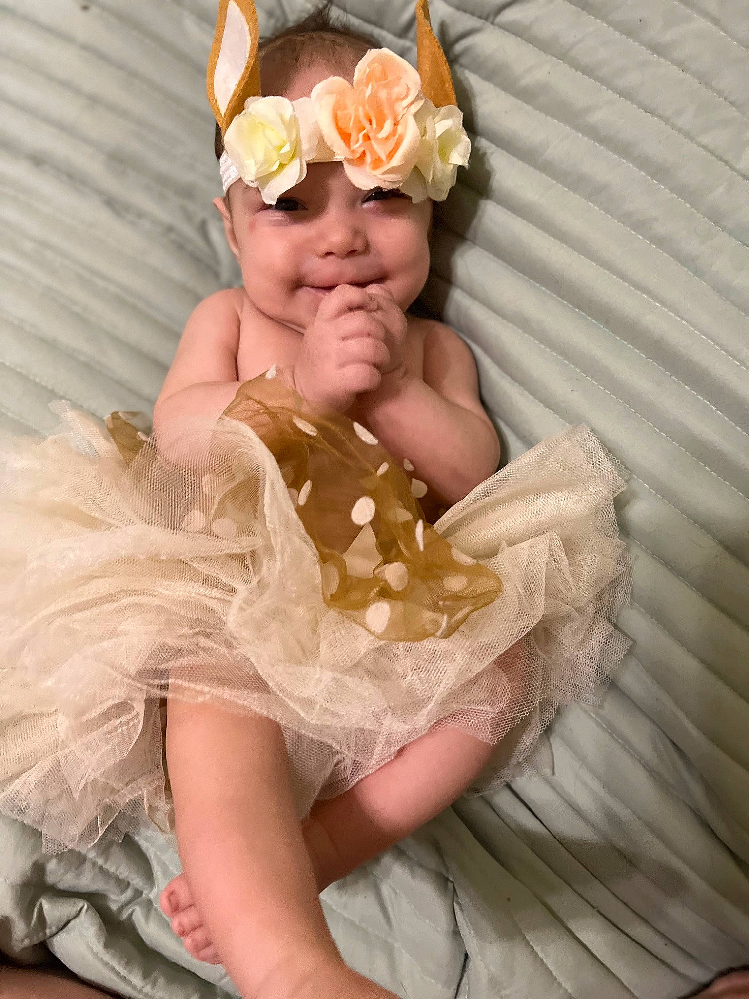 Amora is registered to the contest to win money with this photo: baby, baby_toddler_clothing, blond, bridal_accessory, child, dress, embellishment, event, finger, flower, happy, hat, headband, headpiece, headwear, leg, peach, person, petal, pink