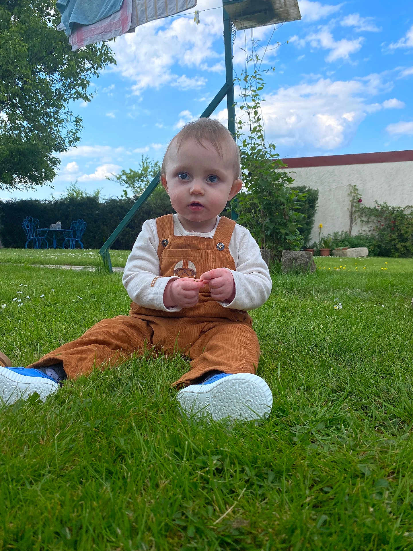Emilien a rejoint le concours — aidez-le/la à gagner de superbes lots ! toddler, child, grass, outdoor, sky, clouds, garden, plants, clothing, overalls, shoes, greenery, nature, daylight, table, chairs, vine, laundry, wall, curious