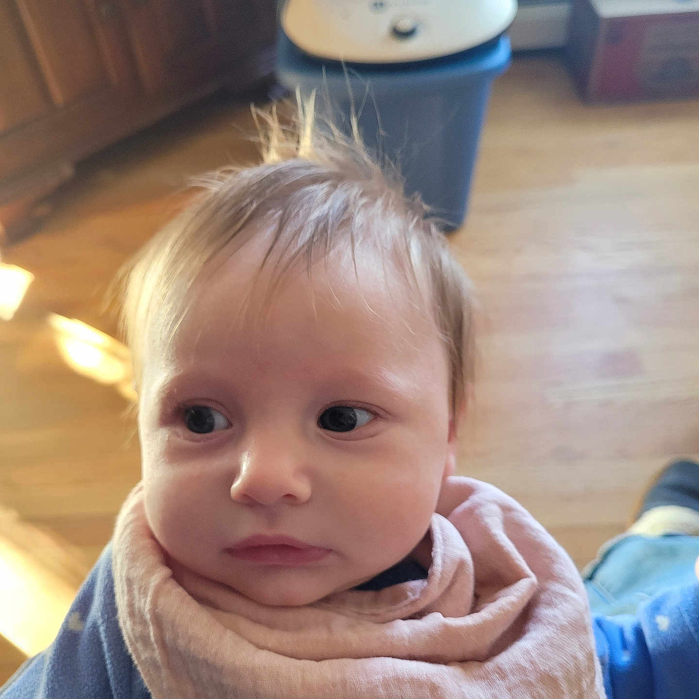 Raven is registered to the contest to win money with this photo: baby, bodypart, box, clothing, couch, face, finger, hand, hardwood, head, knitwear, pants, person, photography, plywood, portrait, scarf, sweater, towel, wood