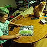 child, cat, table, puzzle, green_hair, orange_tabby, indoor, wooden_chair, wooden_table, phone, ironing_board, bookshelf, scissors, wallet, remote_control, person, expression, furniture, room, smiling