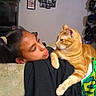 Cheddar joined the competition — help win amazing prizes! person, cat, indoor, couch, orange_cat, wall, photo_frames, hat_rack, curiosity, companion, blanket, black_clothing, relaxed, home, pet, furniture, portrait, looking_at_each_other, cozy, casual