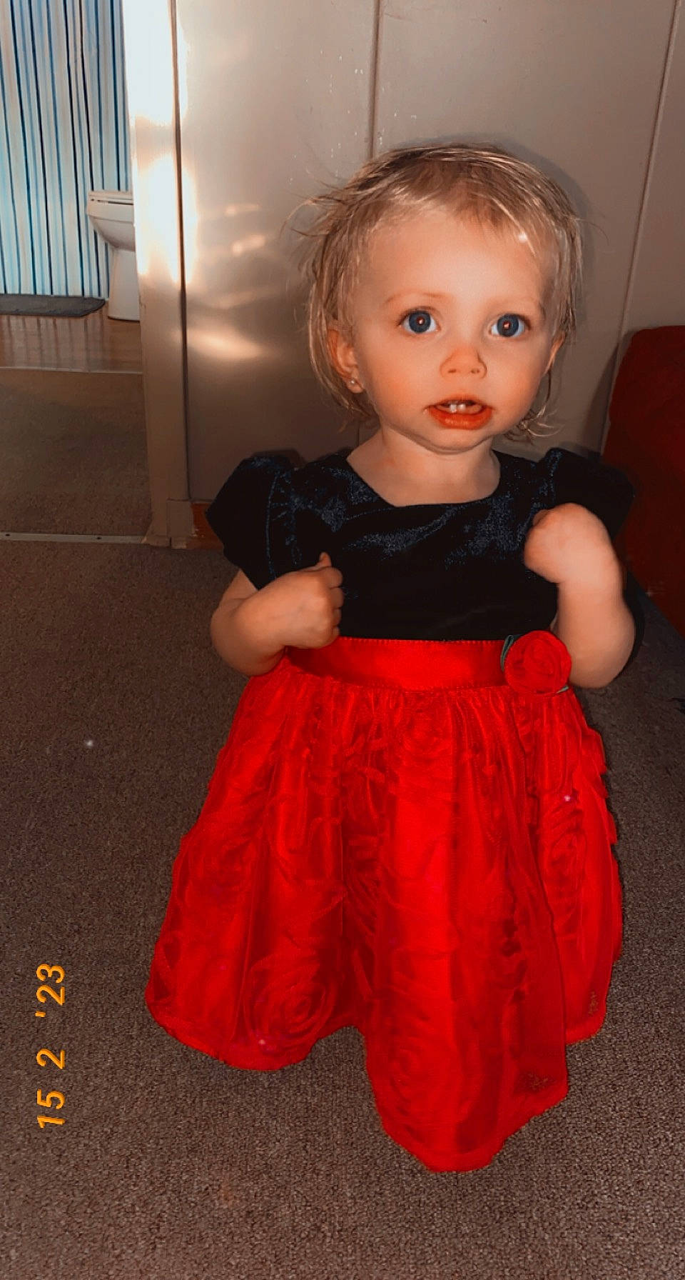 Shirley joined the competition — help win amazing prizes! baby_toddler_clothing, blond, cheek, child, day_dress, dress, eye, eyelash, flooring, formal_wear, hair, iris, lip, magenta, one_piece_garment, person, pink, skin, sleeve, toddler