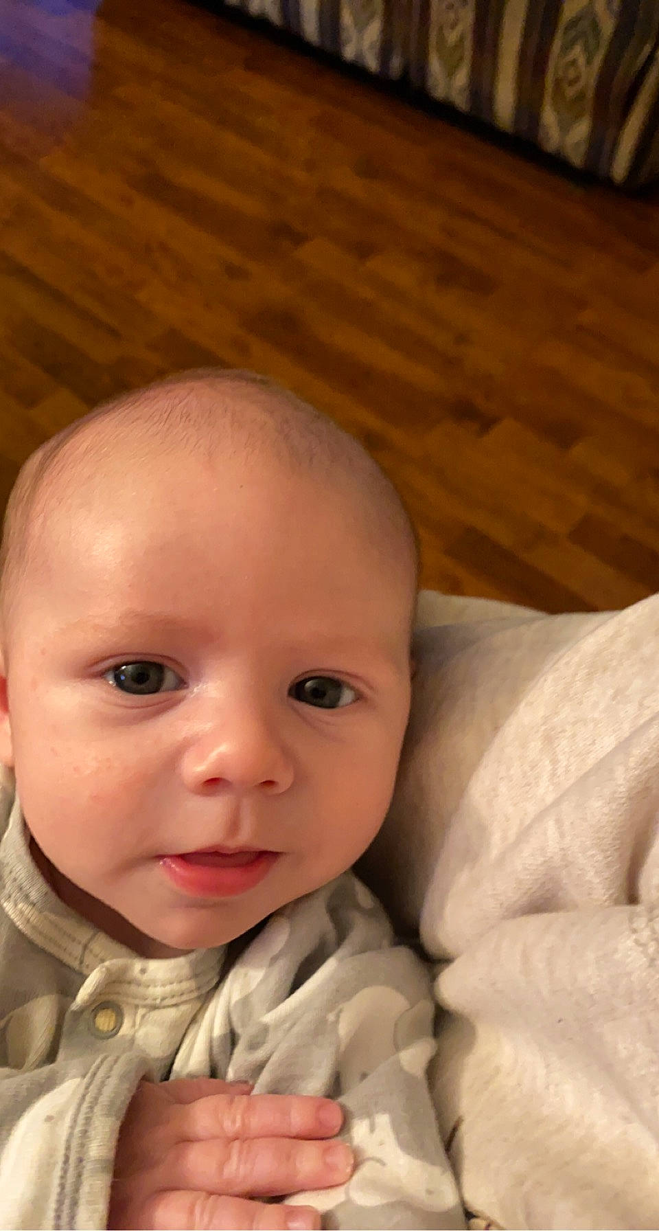 Gunner joined the competition — help win amazing prizes! baby, baby_toddler_clothing, cheek, chin, comfort, eye, eyebrow, eyelash, face, happy, hardwood, head, iris, linens, lip, mouth, nose, person, skin, toddler