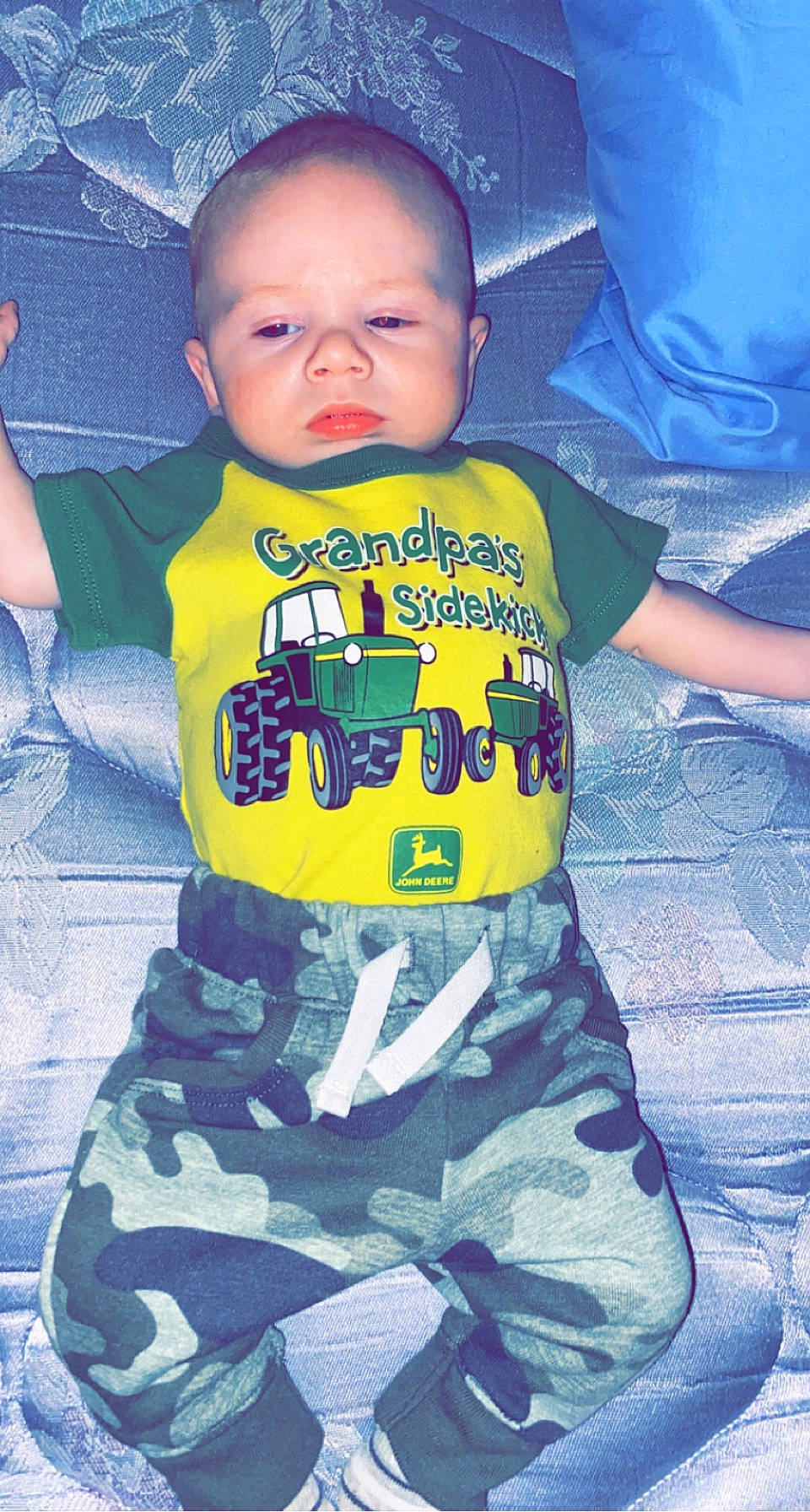 Gunner joined the competition — help win amazing prizes! baby, baby_toddler_clothing, cheek, child, cool, electric_blue, face, flash_photography, fun, hairstyle, happy, head, linens, pattern, person, sitting, sleeve, sportswear, t_shirt, toddler