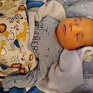 Wyatt is registered to the contest to win money with this photo: baby, sleeping, blanket, animal_print, lion, giraffe, zebra, blue_clothing, soft_toy, cushion, stars, moon, face, newborn, infant, cozy, resting, cute, indoors, nap