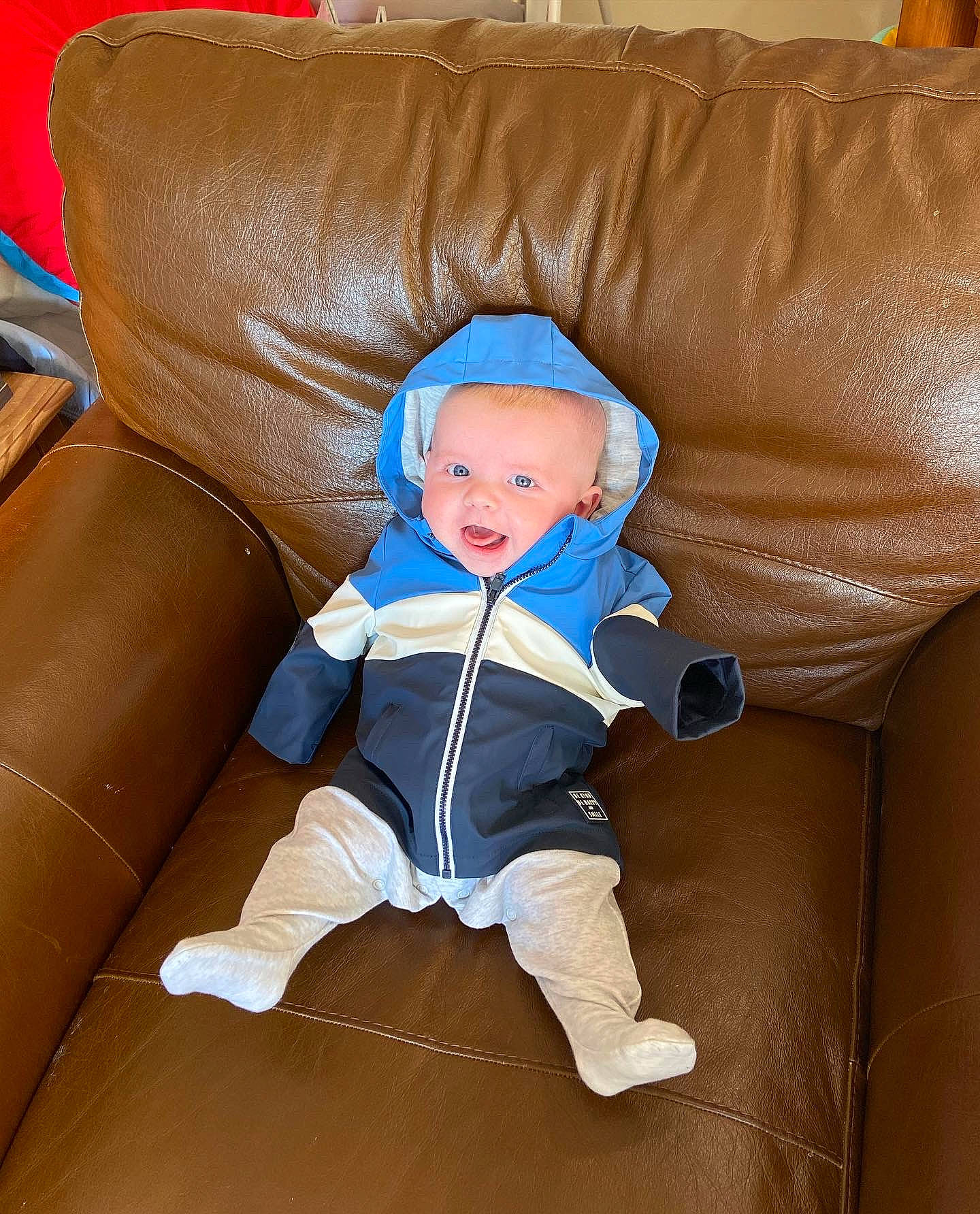 Danny is registered to the contest to win money with this photo: armrest, baby, baby_toddler_clothing, chair, cheek, child, comfort, couch, electric_blue, flooring, furniture, lap, living_room, person, rectangle, room, sitting, sock, throw_pillow, toddler