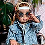 accessory, cap, casual, child, confident, cool, cute, denim_jacket, face, fashion, hand, indoor, leaf, person, plant, portrait, scooter, sunglasses, toddler, young_child