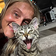 Nanook is registered to the contest to win money with this photo: woman, cat, kitten, smiling, playful, carpet, indoor, close_up, pet, tongue_out, happy, feline, tabby, person, animal, cute, face, domestic, friendship, expression