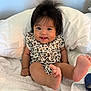 Nevaeh Jade is registered to the contest to win money with this photo: baby, infant, smiling, happy, face, feet, hair, bed, blanket, pillow, clothing, onesie, cute, child, indoors, person, leopard_print, playful, skin, sitting