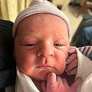 Chase joined the competition — help win amazing prizes! newborn, baby, infant, face, hand, blanket, hat, closeup, portrait, skin, sleepy, cute, small, child, newborn_hat, wrapped, indoors, soft_light, expression, human