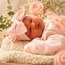 Kora joined the competition — help win amazing prizes! baby, sleeping, pink_bow, headband, blanket, flowers, soft_texture, infant, cute, peaceful, cozy, newborn, portrait, closeup, child, resting, warm_colors, indoors, decor, gentle