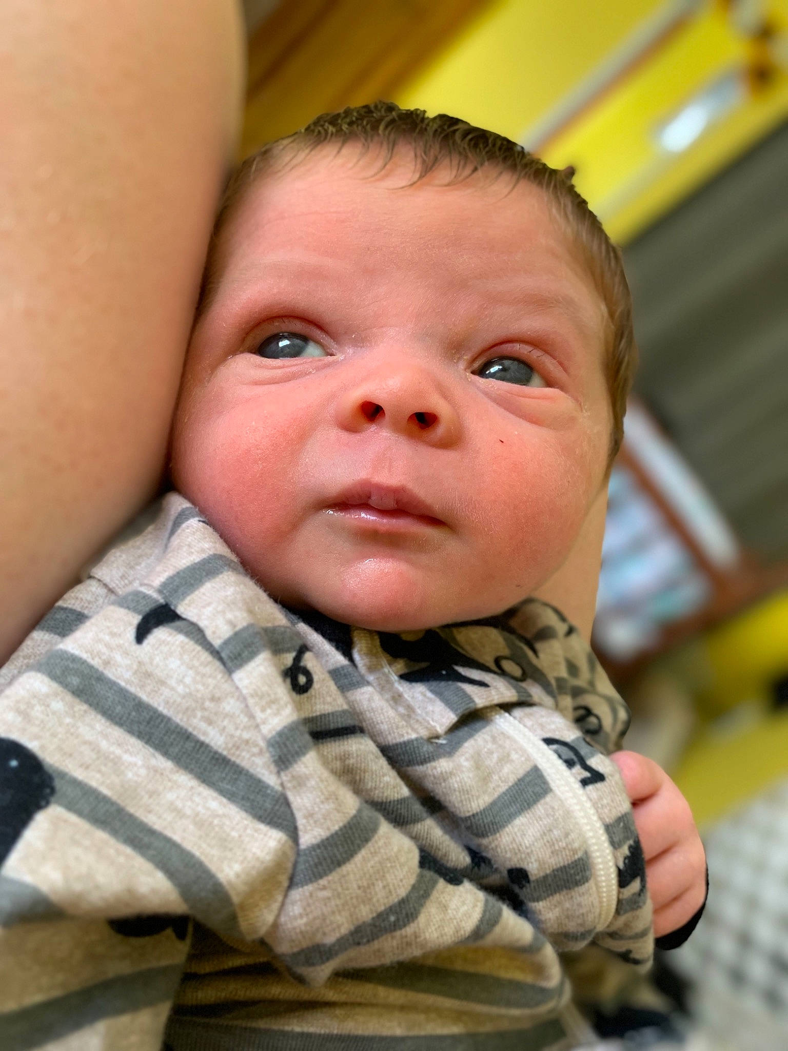 Emmett is registered to the contest to win money with this photo: baby, cheek, child, chin, eye, face, head, lip, nose, person, sitting, skin, smile, toddler, vacation, yellow