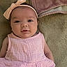 Madilynn joined the competition — help win amazing prizes! baby, infant, child, pink_dress, headband, bow, smile, face, cute, lying_down, blanket, soft_texture, indoors, skin, person, young_child, adorable, happy, portrait, closeup