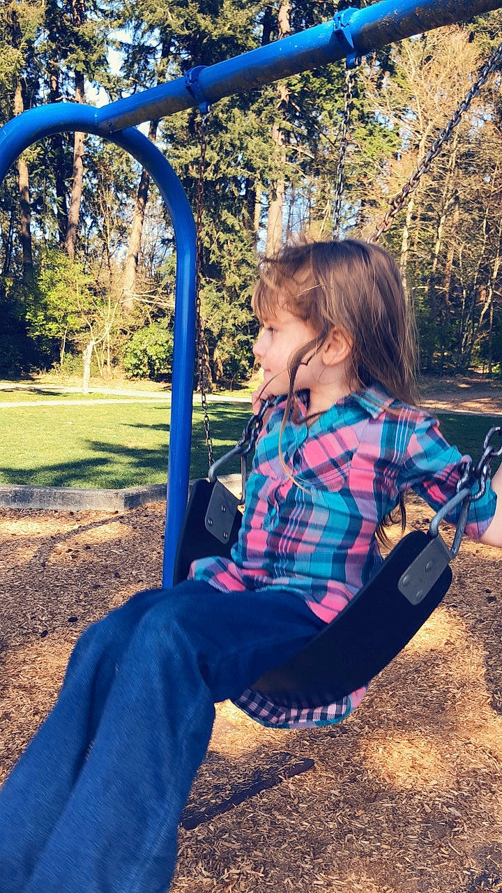 Lillianne joined the competition — help win amazing prizes! child, city, denim, design, fun, grass, human_settlement, jeans, outdoor_play_equipment, park, pattern, person, play, playground, public_space, recreation, sitting, swing, t_shirt, toddler