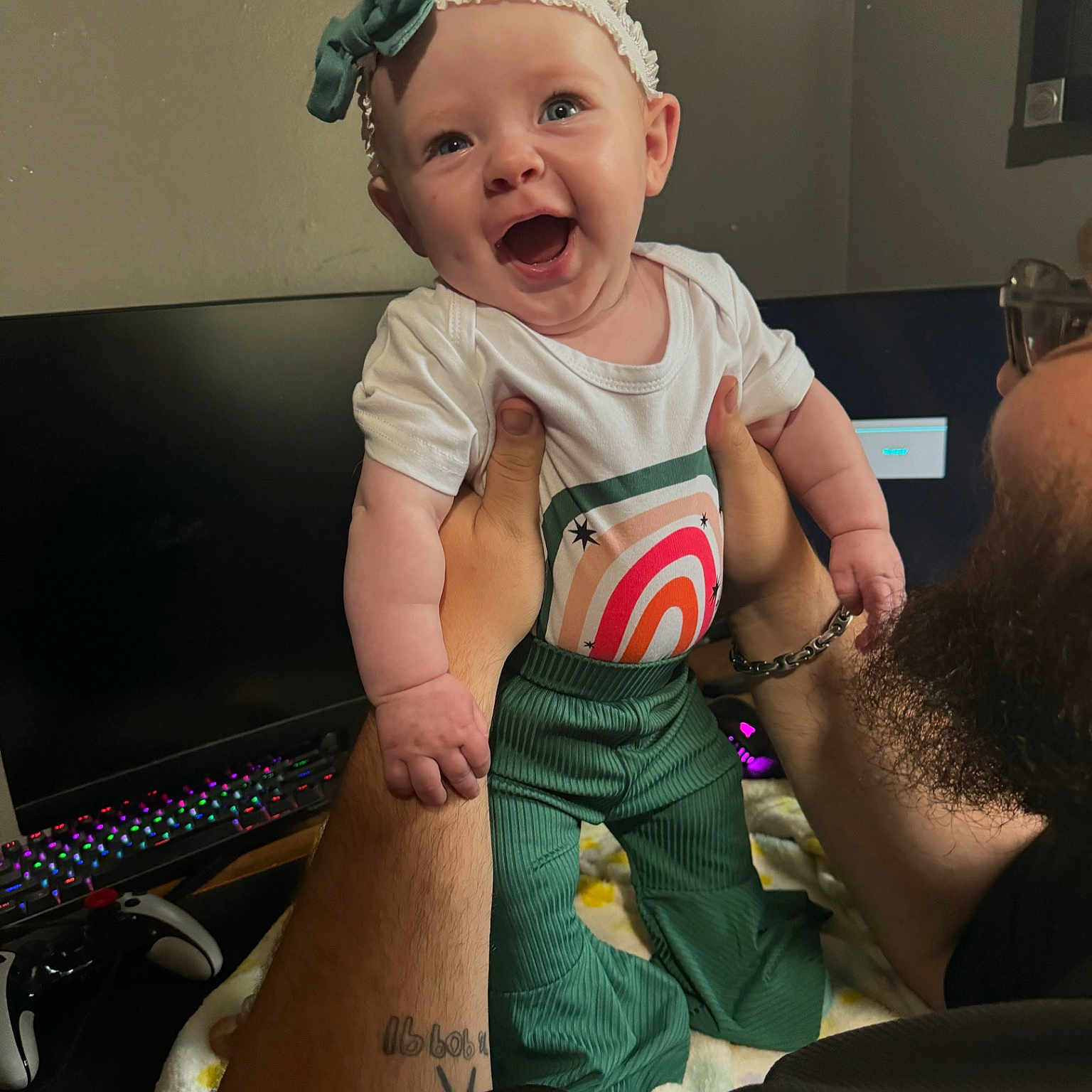 Isla Jean joined the competition — help win amazing prizes! accessories, baby, computerhardware, couch, electronics, face, glasses, happy, hardware, head, jewelry, monitor, necklace, person, photography, portrait, screen, skin, tattoo, tv